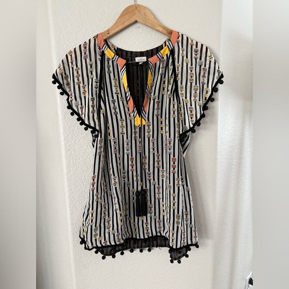 Talitha Silk Tunic Top Blouse Tassels Pom Pom Large Black White Stripe